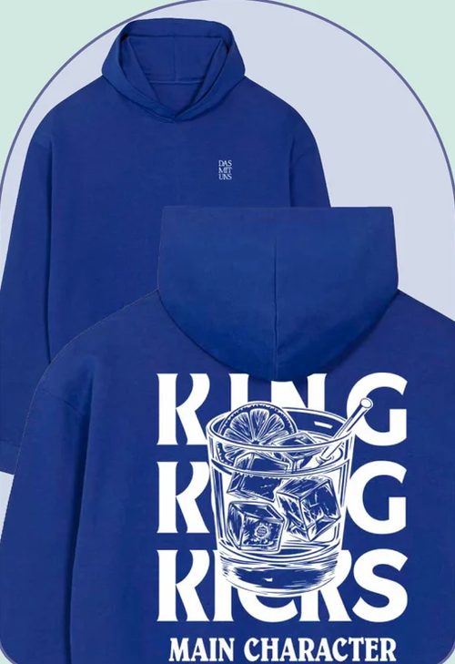Royal blue King Kong Kicks Main Character hoodie with a cocktail glass print on the back