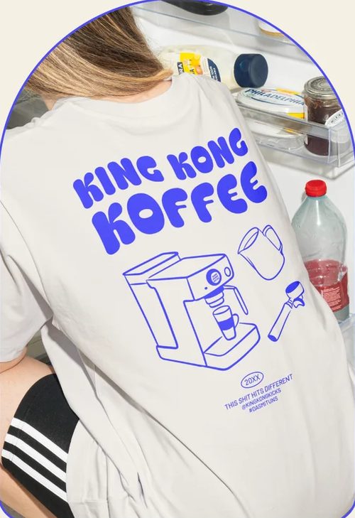 Off-white King Kong Koffee T-shirt with a blue espresso machine drawing on the back